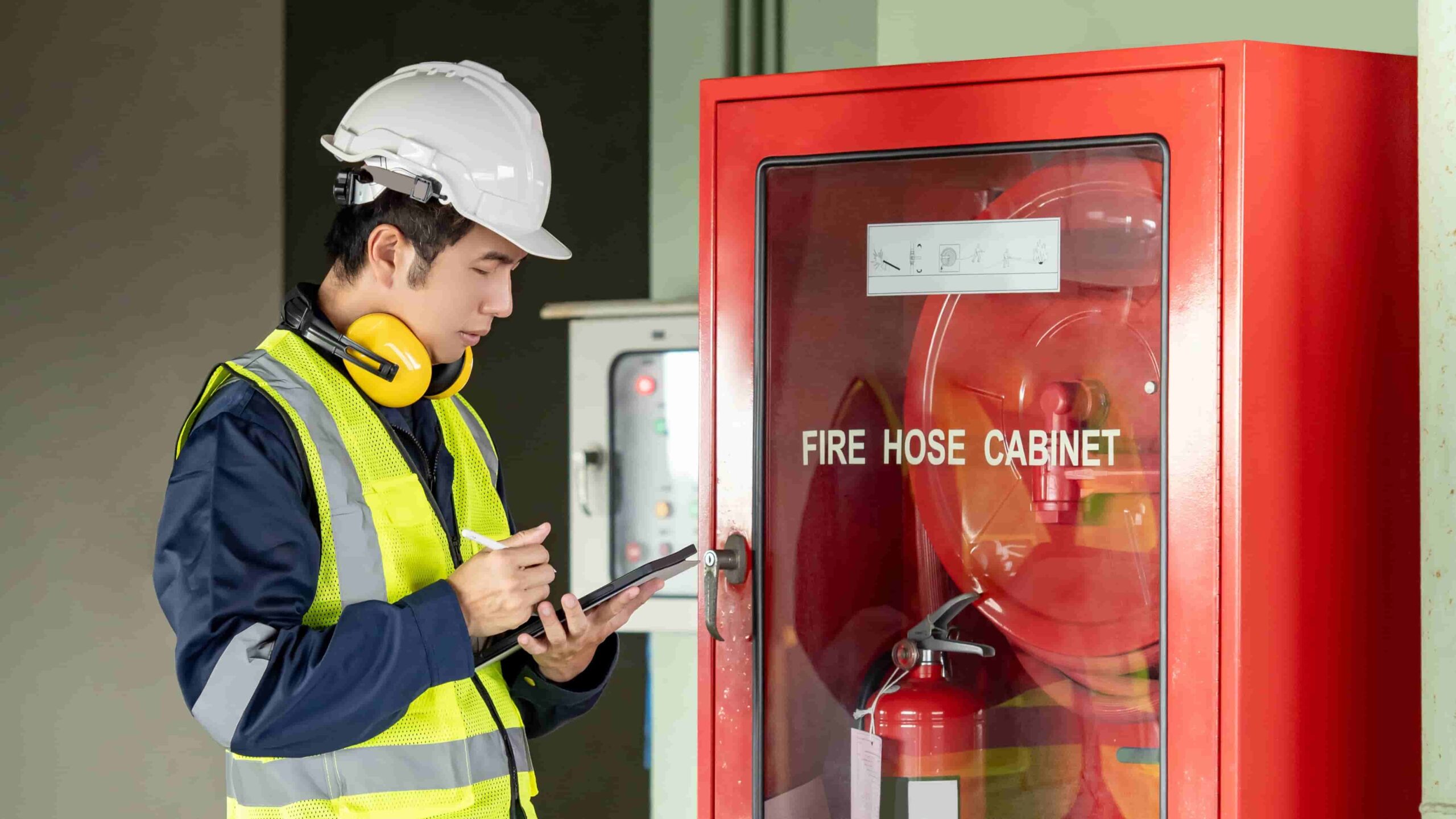 Fire safety inspection checklist with firefighting equipment
