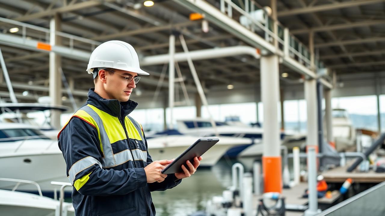 Marina dock with boats, walkways, and safety equipment