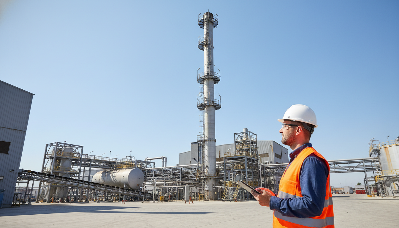 Industrial inspector in a safety vest and hard hat using a tablet in front of a factory with a tall emission stack.