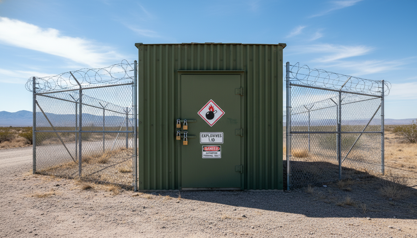 A green corrugated metal explosives storage bunker with multiple padlocks and hazard warning signs secured behind a chain-link fence in a desert.