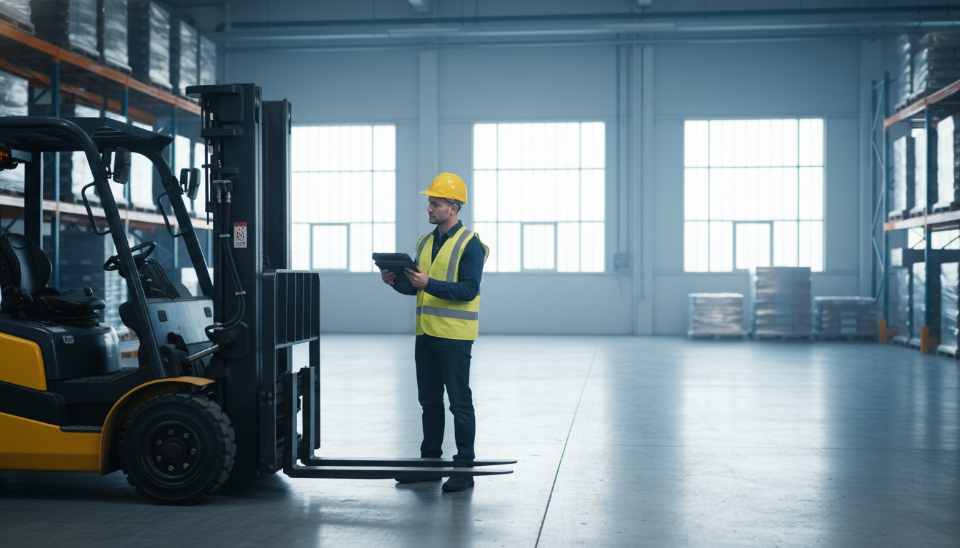 A warehouse worker in safety gear using a tablet to inspect a yellow forklift.