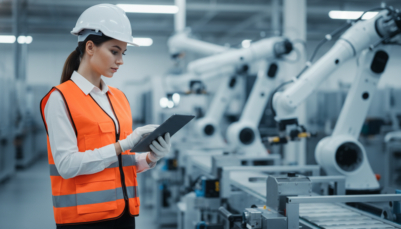 Safety inspector wearing a hard hat and high-visibility vest using a tablet in an automated manufacturing facility