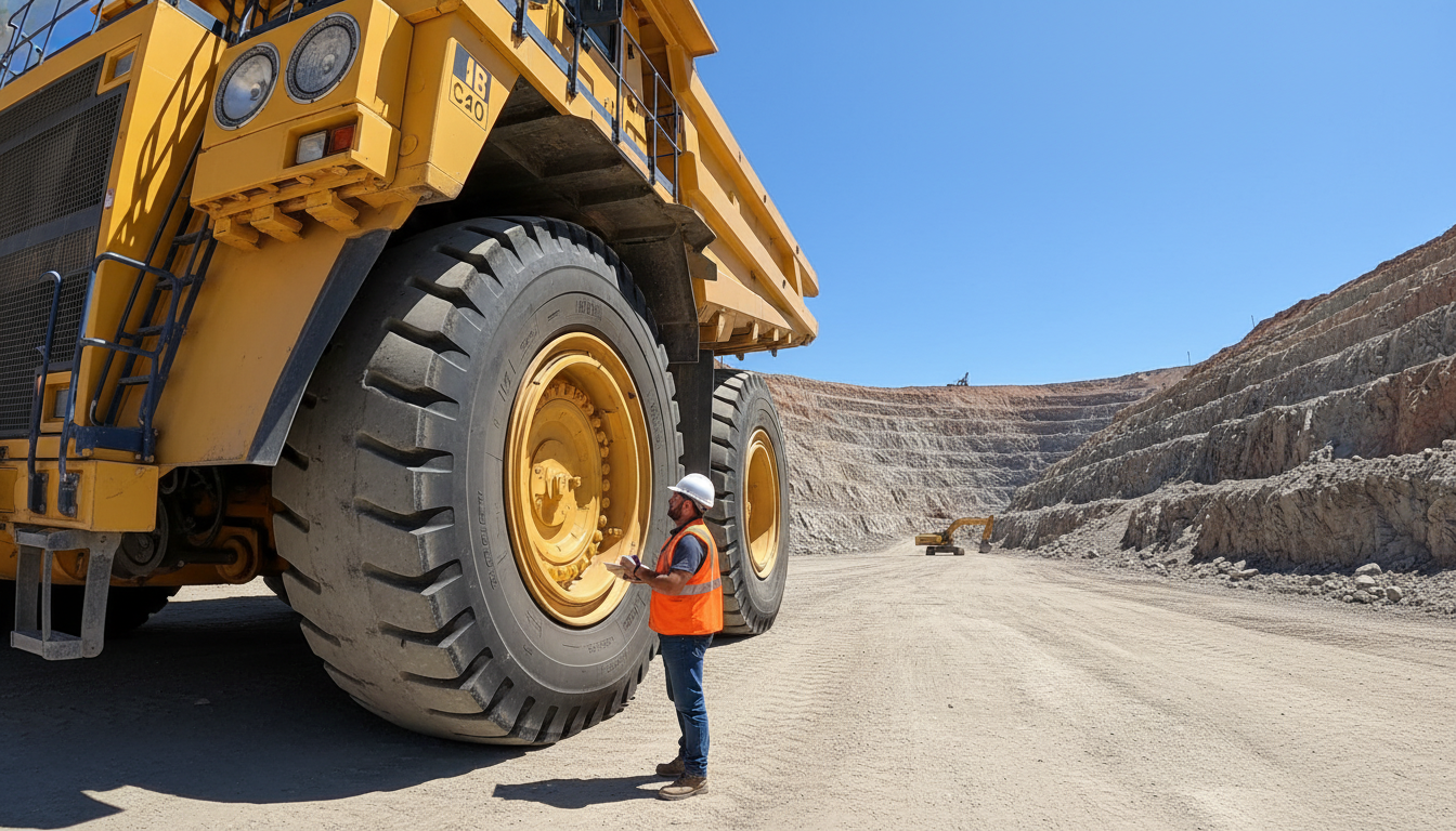 Worker in safety gear inspecting a massive yellow haul truck in an open-pit mine.