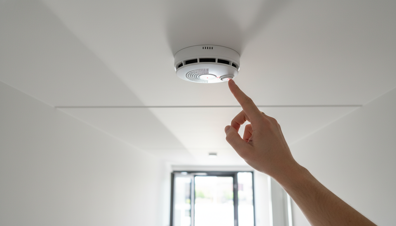 A person's finger pressing the test button on a smoke and carbon monoxide detector mounted on a white ceiling.