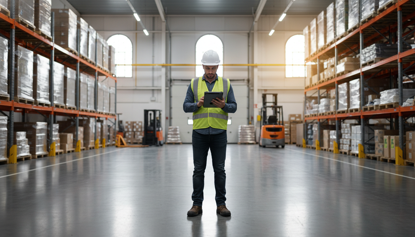 A warehouse inspector in a safety vest and hard hat using a tablet to perform a digital inspection near an automated conveyor belt and robotic arm.