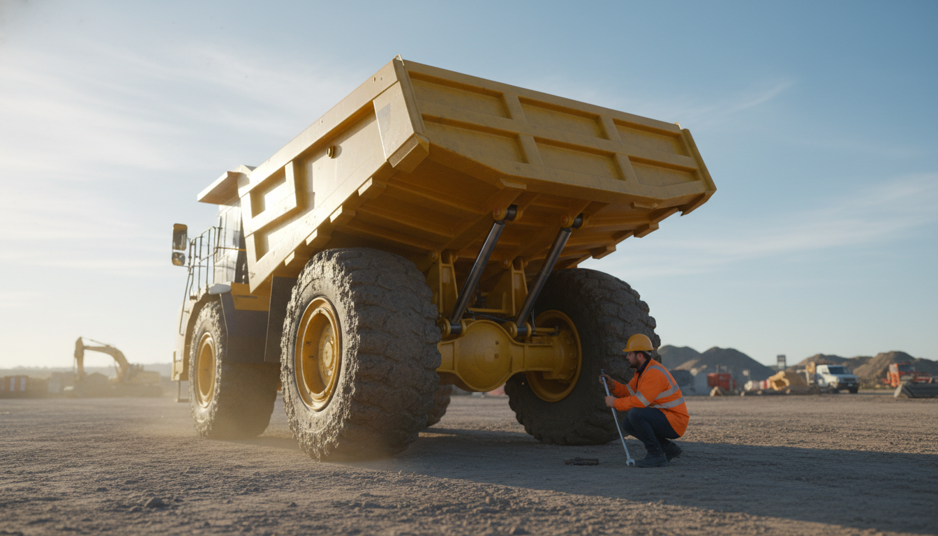 Worker in high-visibility gear inspecting a large yellow dump truck at a construction site.