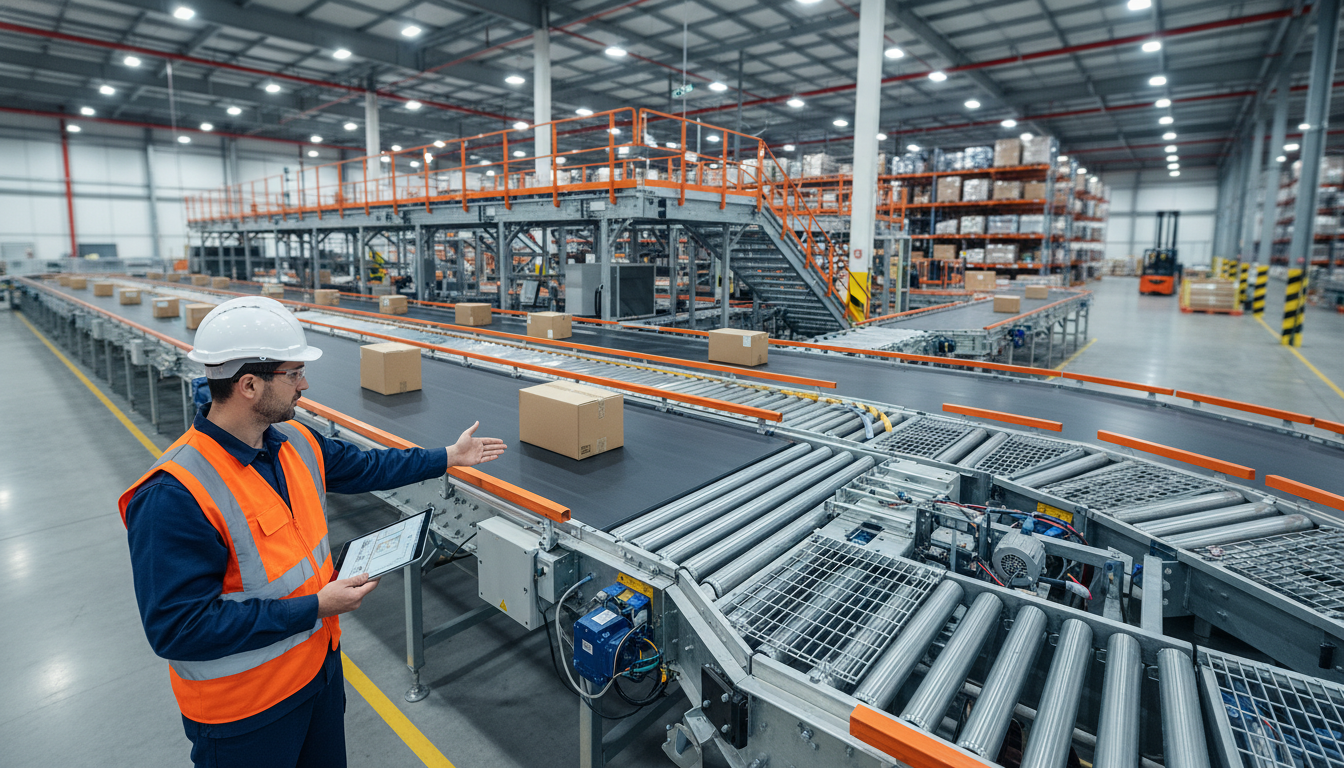 Industrial inspector in safety gear using a tablet next to a warehouse conveyor system.