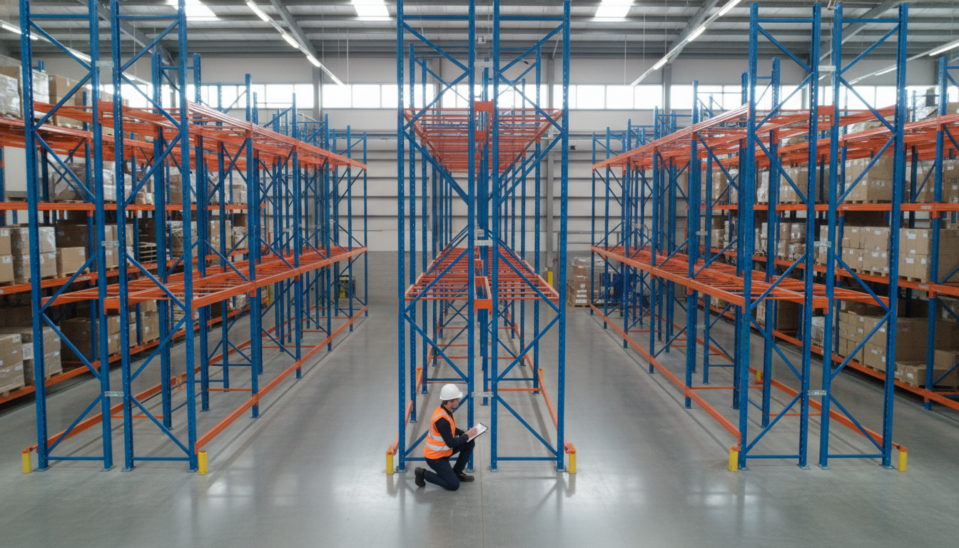 A safety inspector in a hard hat and high-visibility vest kneeling by industrial warehouse racking with a clipboard.