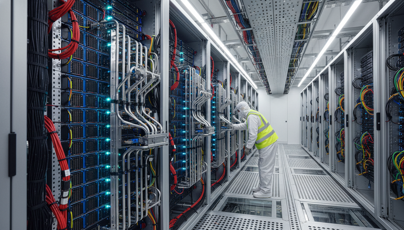 A technician in a white protective suit and yellow vest inspecting liquid-cooled server racks in a brightly lit data center.