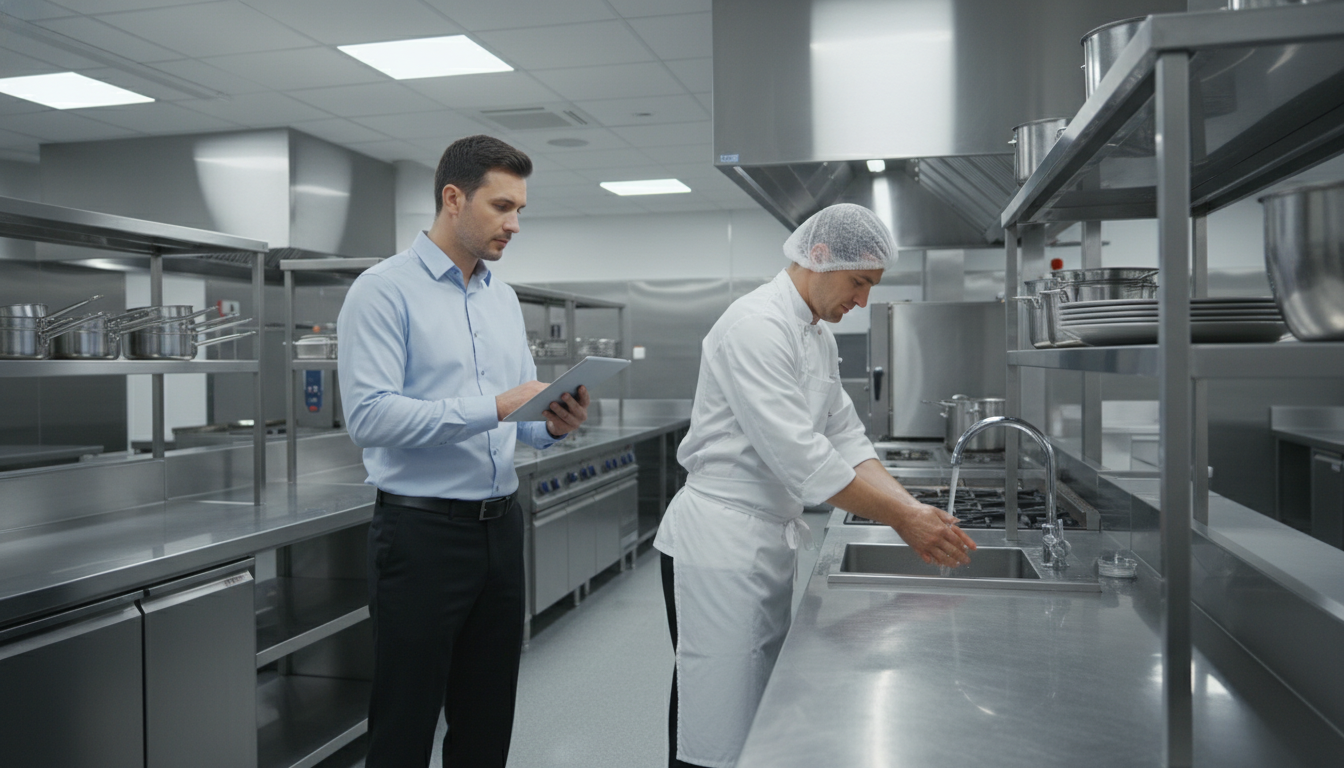 Health inspector holding a tablet observing a chef washing hands in a commercial kitchen.