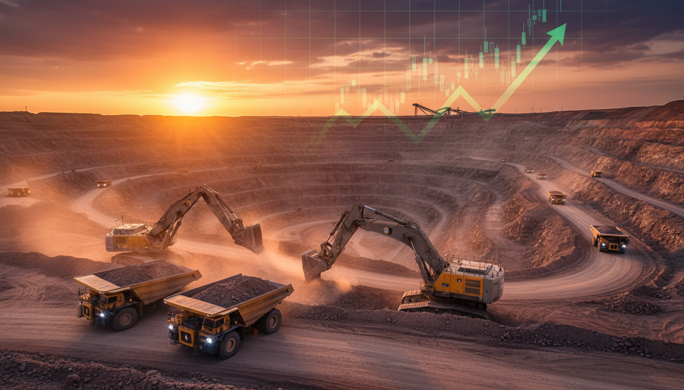 Open-pit mining operation at sunset featuring excavators loading haul trucks and an overlaid upward green financial chart.