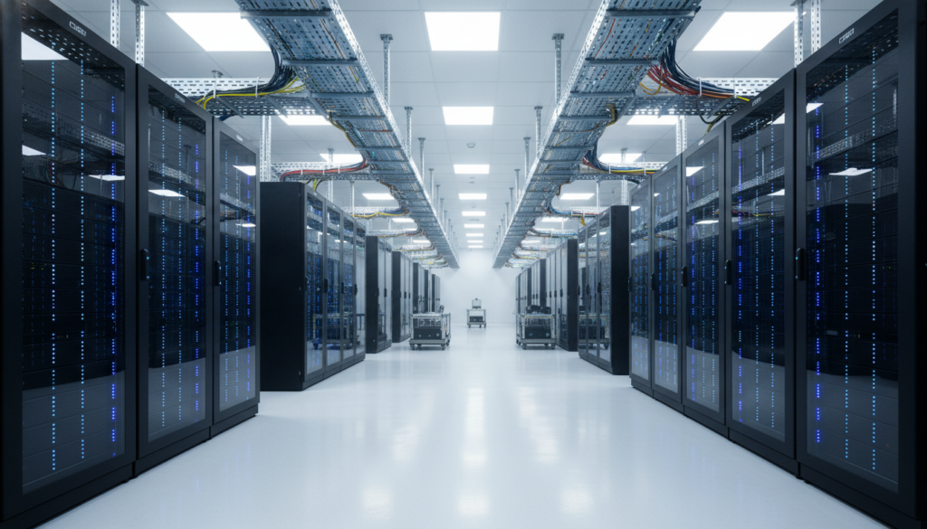 Modern AI data center facility with rows of server racks and blue LED lighting.