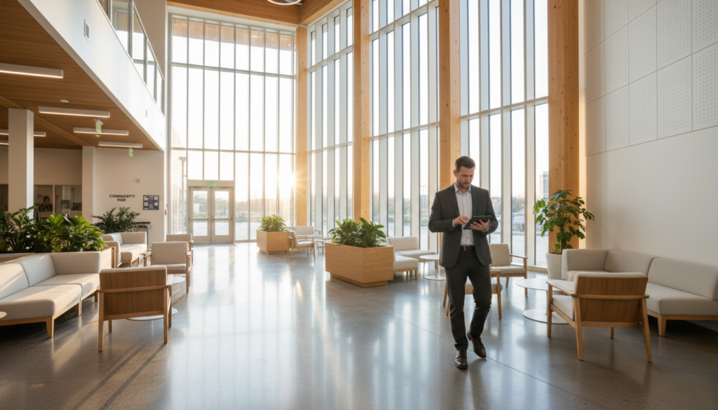 A clean and modern community center interior being inspected for safety and maintenance standards.