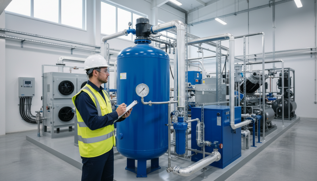 Maintenance technician inspecting an industrial compressed air system and checking pressure gauges.