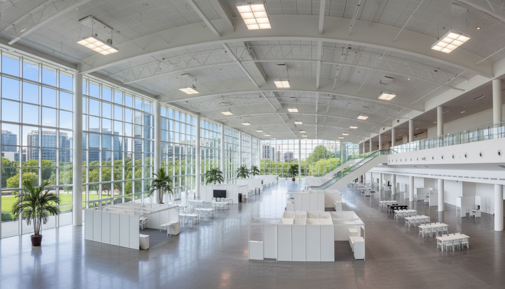 Interior view of a modern, clean convention center hall with high ceilings.