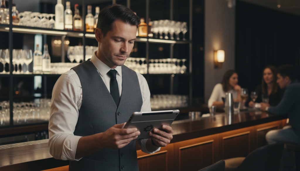 A bar manager using a digital tablet for a beverage service inspection in a modern lounge.