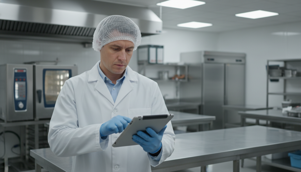 Food safety inspector using a tablet for a hygiene audit in a commercial kitchen.