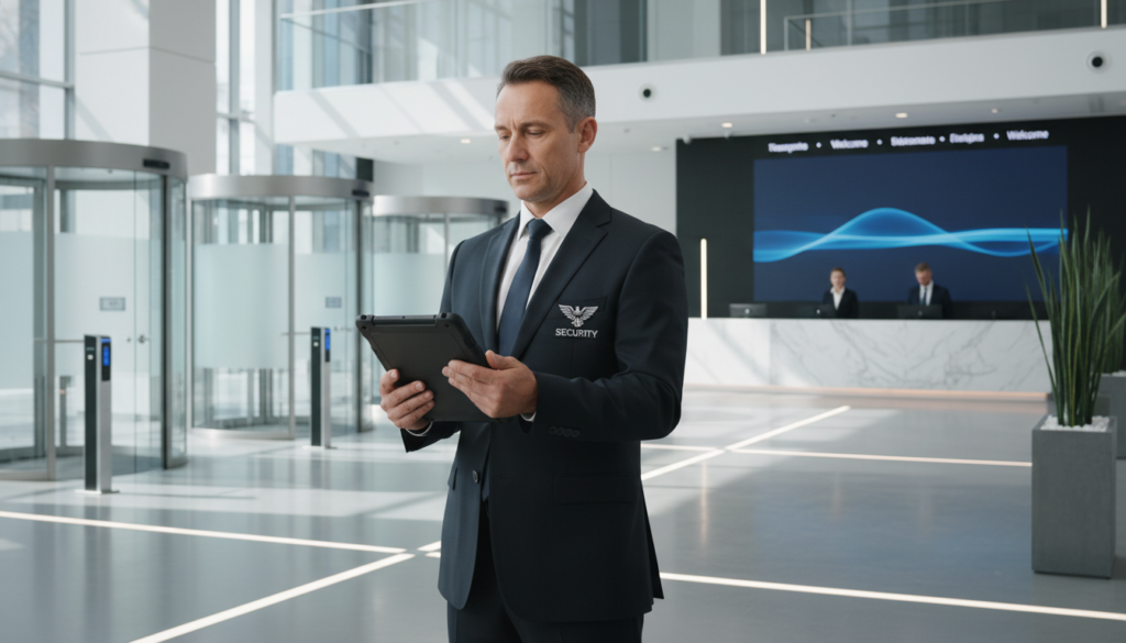 A security inspector using a modern tablet to conduct a government building security audit.