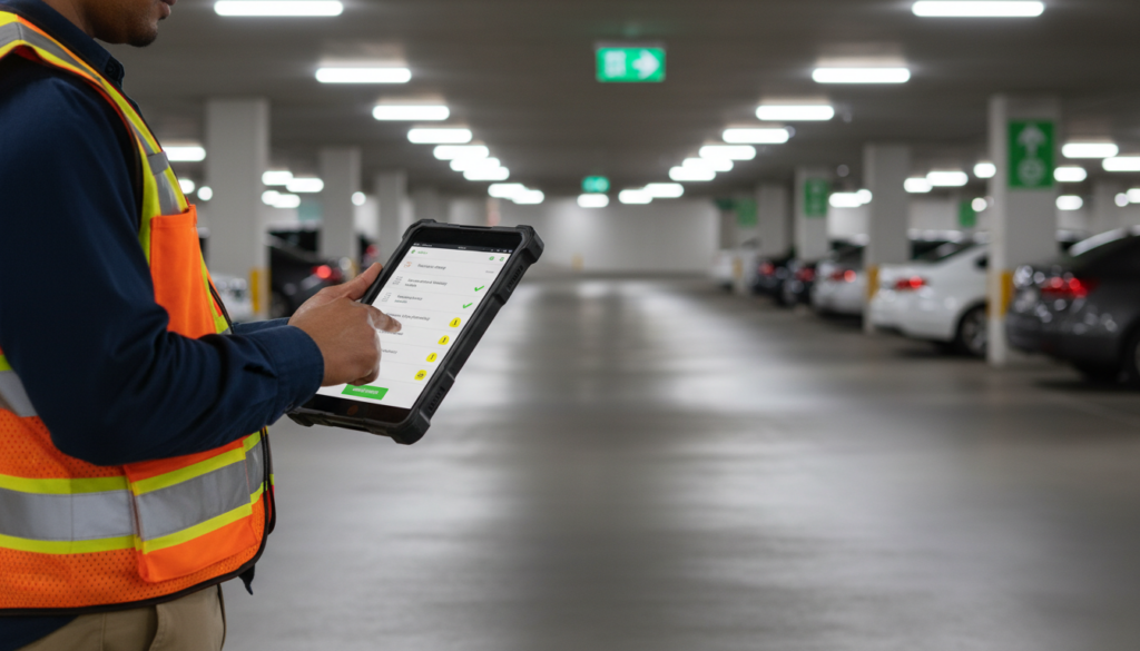 Professional inspector using a digital tablet for a parking garage safety audit.