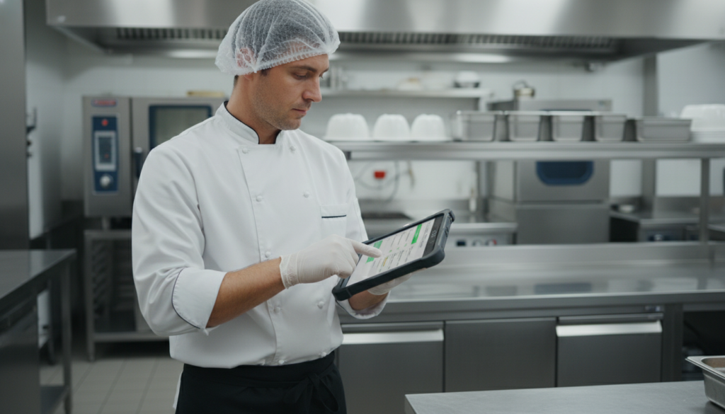 A restaurant inspector using a digital tablet for a pest control inspection in a commercial kitchen.