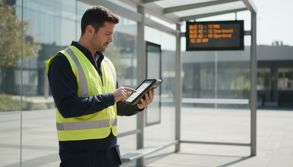 An inspector using a tablet to perform a bus shelter maintenance check.