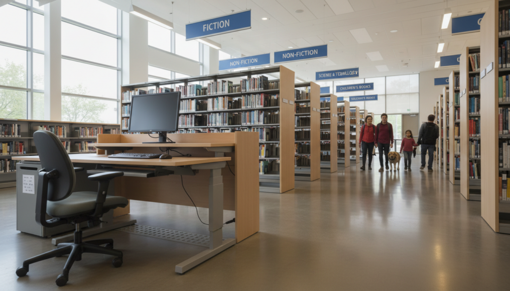 Modern library interior showing accessible aisles and safety features.