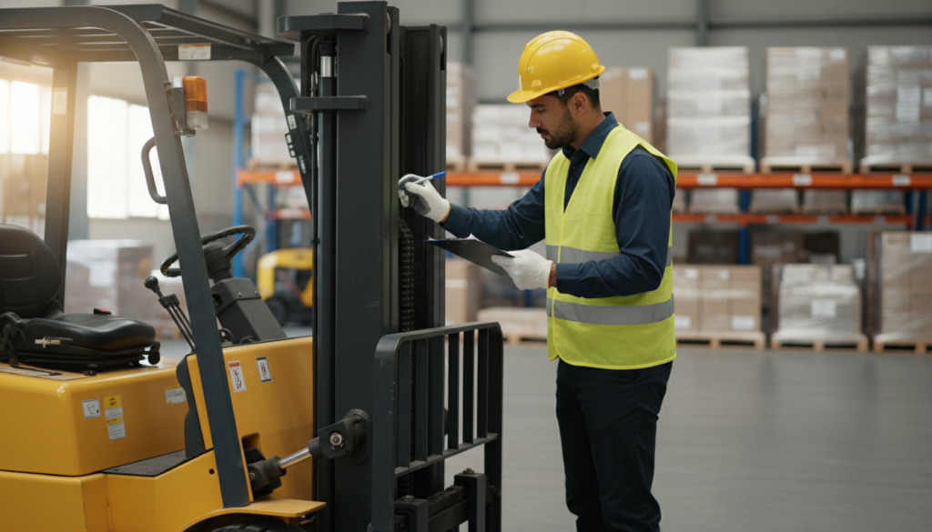 Safety inspector checking a yellow forklift in a modern warehouse