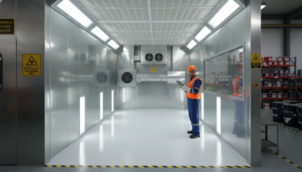 Industrial paint booth safety inspection in progress.