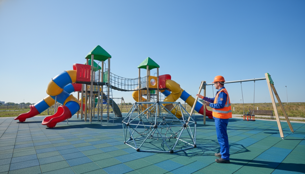 Professional inspector checking playground equipment safety.