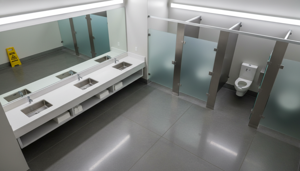 A clean and modern public restroom being inspected for sanitation.