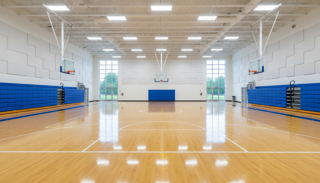 A clean and modern indoor sports gymnasium with polished wood floors.