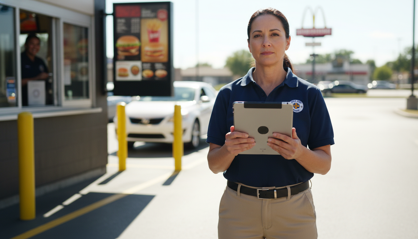 A woman standing outdoors holding a tablet in a fast-food drive-thru lane.