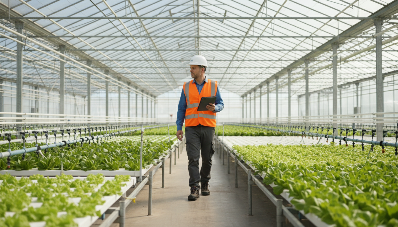 A male inspector wearing a hard hat and safety vest walks down the aisle of a large commercial greenhouse holding a tablet, flanked by rows of leafy green plants.