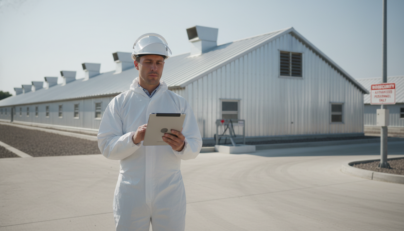 Man in a white protective suit and hard hat using a tablet outside large metal poultry barns