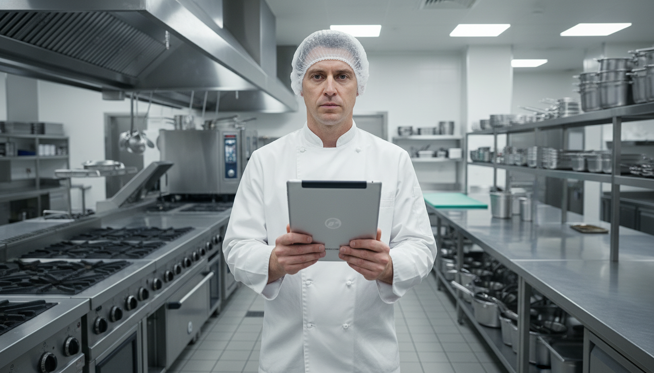 A man wearing a white uniform and hairnet holding a tablet in a clean commercial kitchen.