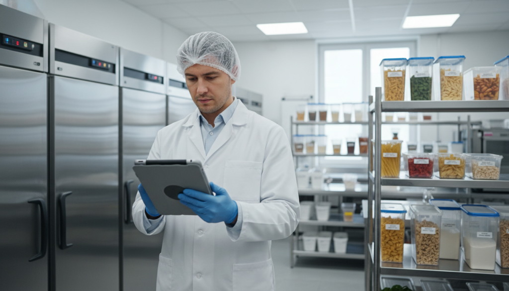 Food safety inspector using a tablet to check refrigerator temperatures in a commercial kitchen.