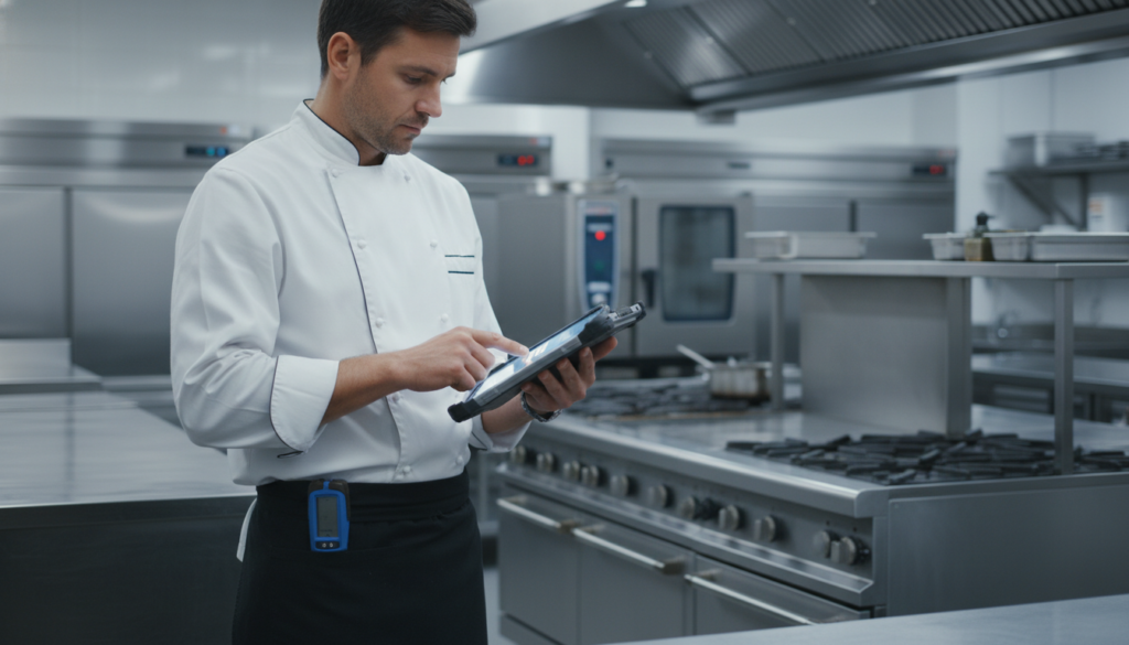 A restaurant manager using a digital tablet for a cleaning and sanitization inspection in a commercial kitchen.