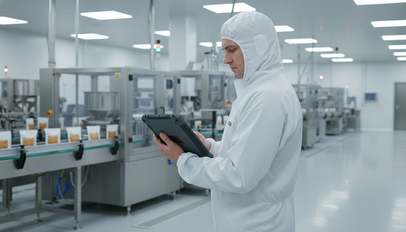 Professional inspector using a rugged tablet in a food packaging facility.