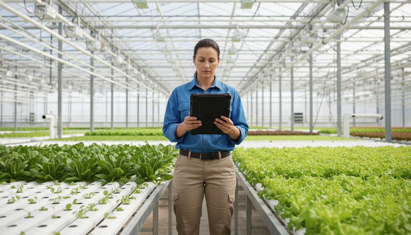 Professional inspector using a tablet to conduct a greenhouse operations audit.