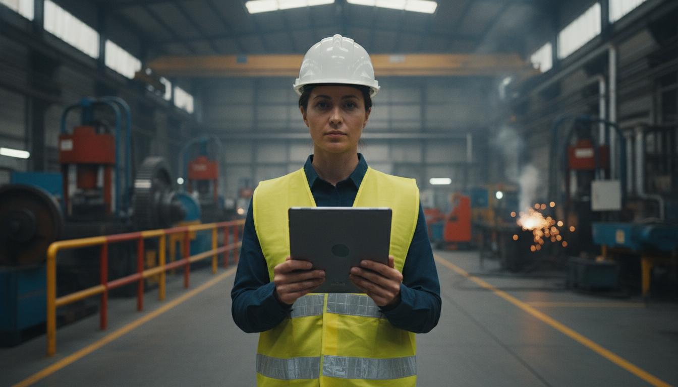 A female inspector wearing a white hard hat and yellow reflective vest holding a tablet in a factory.