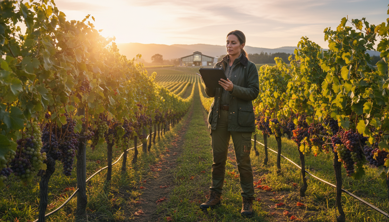 A woman standing in a vineyard holding a tablet, inspecting rows of grapevines loaded with ripe grapes at sunrise.