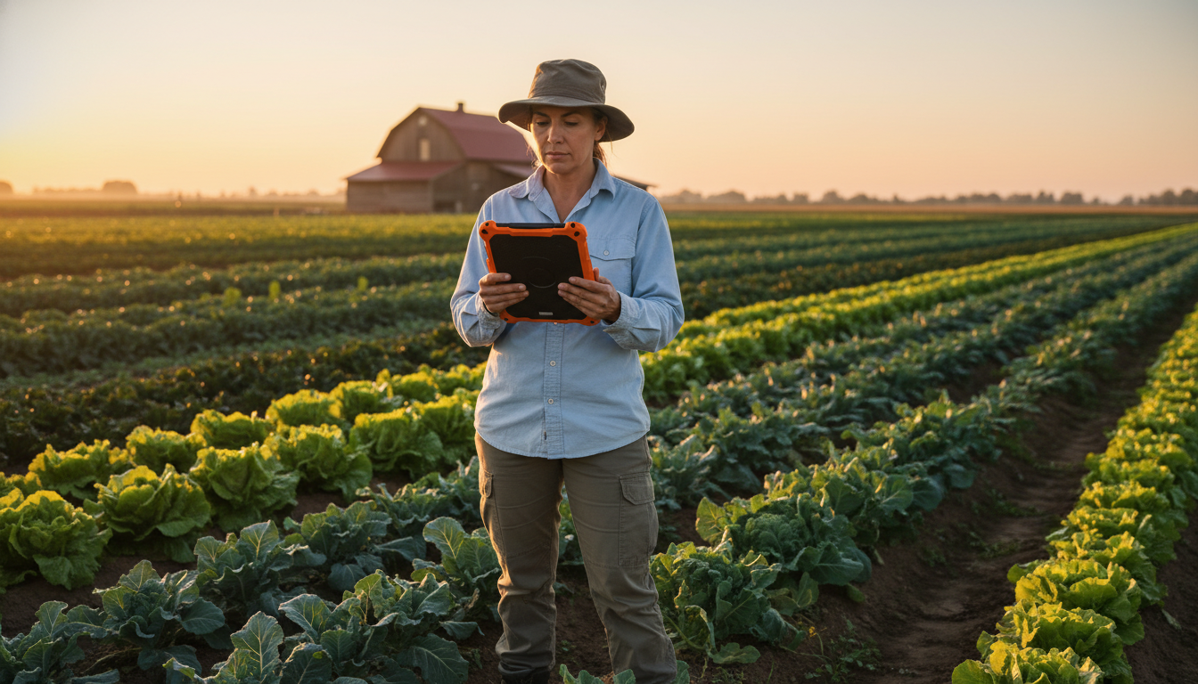 An agricultural inspector using a rugged tablet in an organic field.