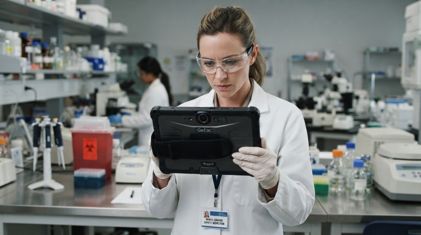 Safety inspector using a tablet to conduct a bloodborne pathogen compliance audit in a laboratory.