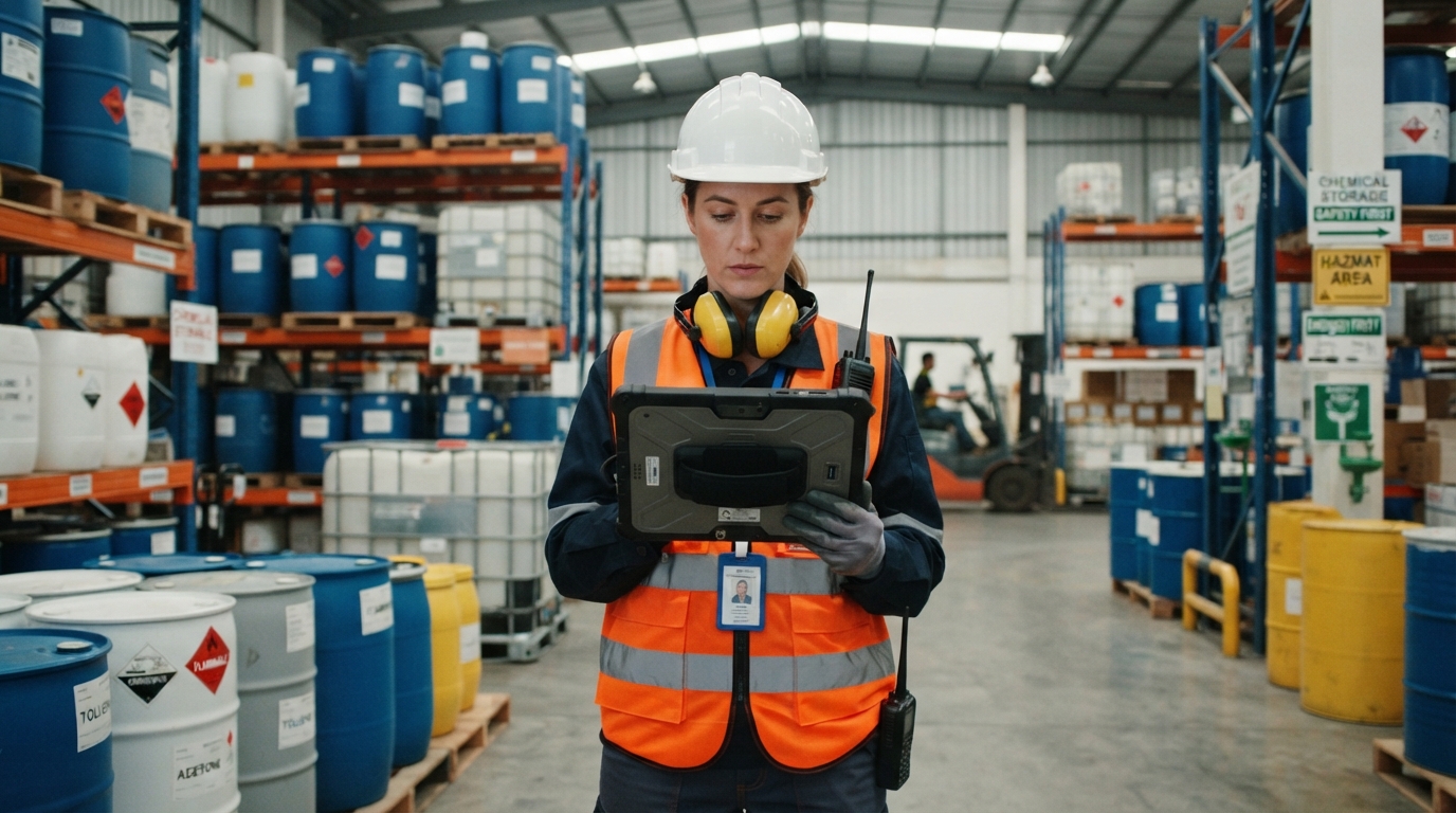Safety inspector using a rugged tablet to audit chemical storage and labeling in an industrial warehouse.