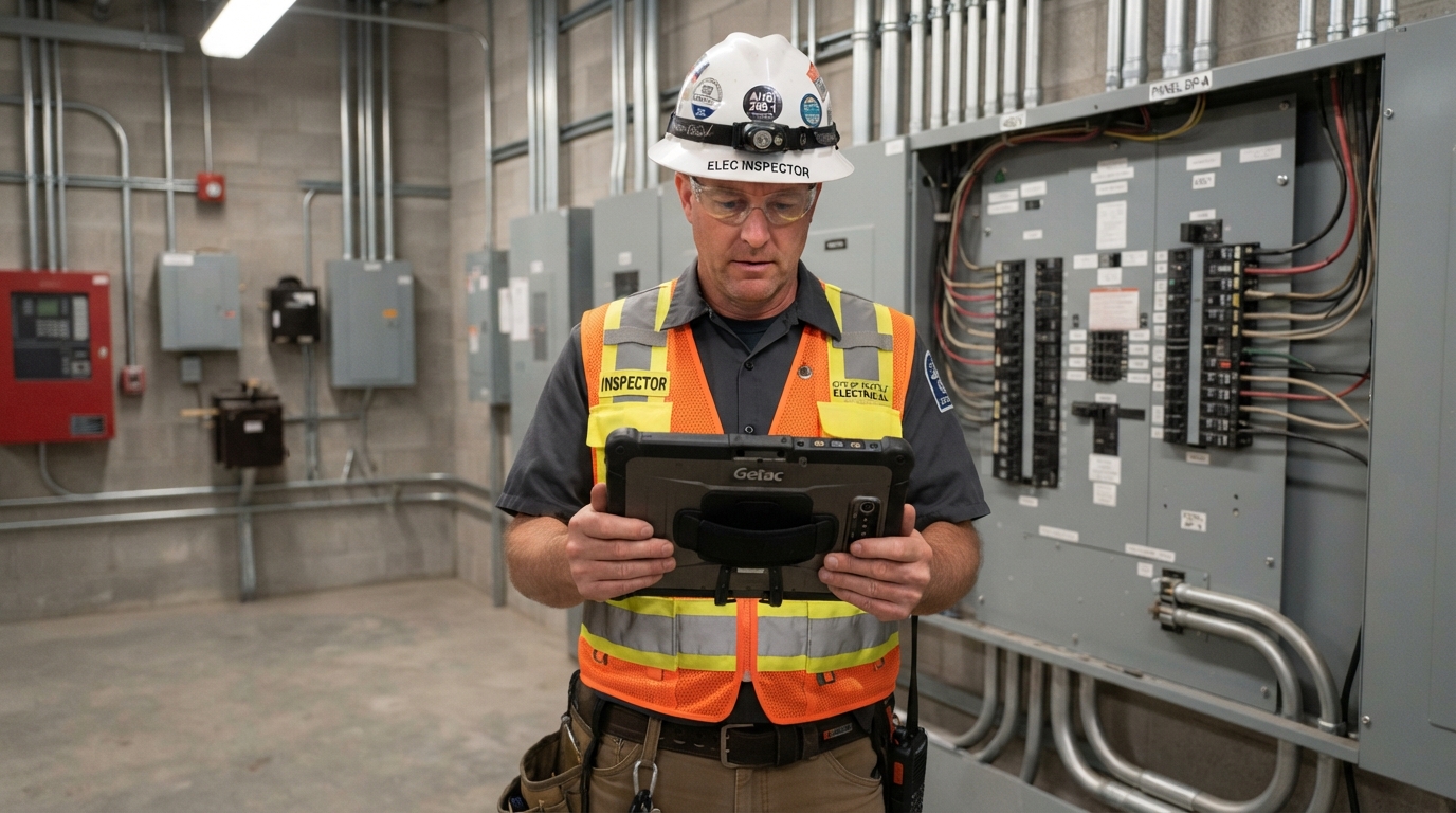 Professional inspector using a rugged tablet to inspect an industrial electrical panel.