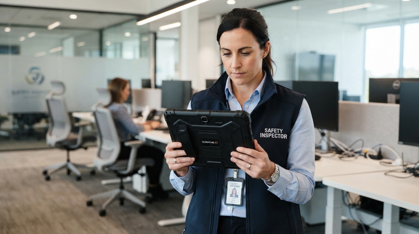 A professional inspector using a rugged tablet to conduct an ergonomic workplace assessment in a modern office.
