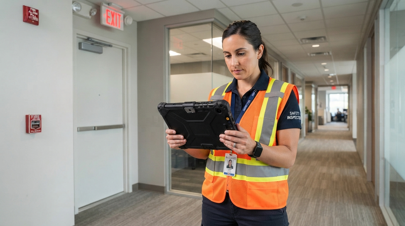 Safety inspector using a tablet to conduct a fire drill and emergency preparedness inspection in a commercial building.
