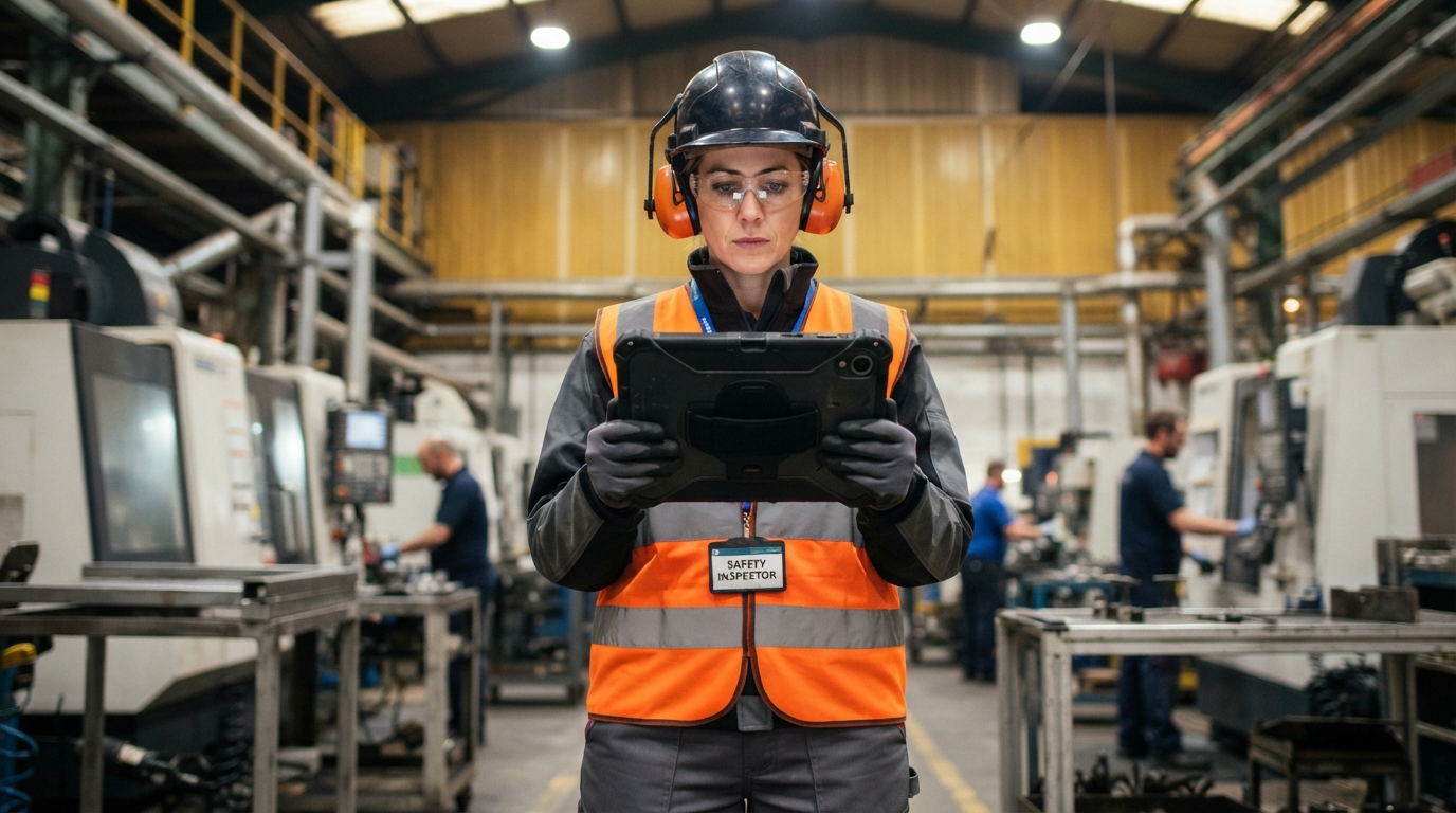 Safety inspector using a tablet to conduct a hearing conservation audit in a factory.