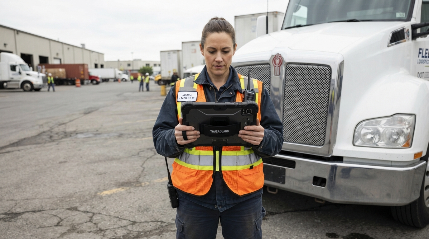 A professional inspector using a rugged tablet to perform a heavy-duty truck pre-trip inspection in a logistics yard.