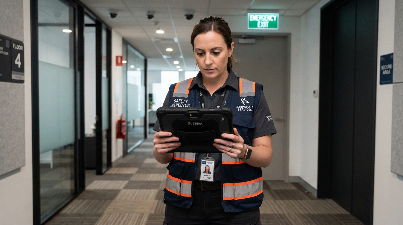 Safety inspector using a tablet to conduct a workplace violence prevention audit in a corporate office.